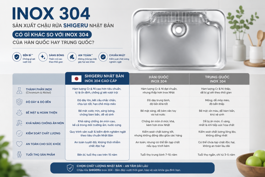 Inox 304 sản xuất chậu rửa shigeru Nhật Bản có gì khác so với inox 304 của Hàn Quốc hay Trung Quốc
