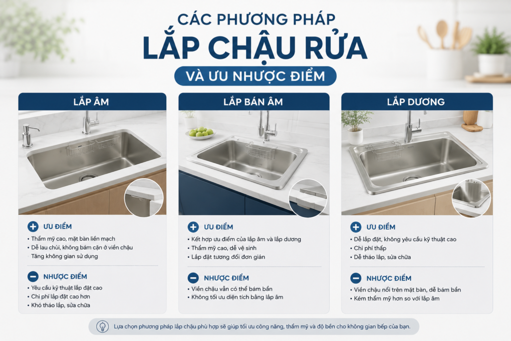 Các phương pháp lắp chậu rửa và ưu nhược điểm: Lắp âm, lắp bán âm, lắp dương